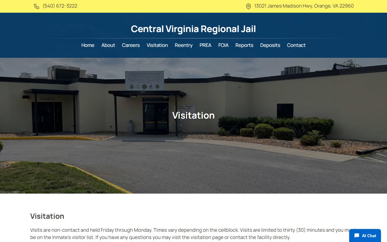 Central Virginia Regional Jail visitation schedule and non-contact visit rules