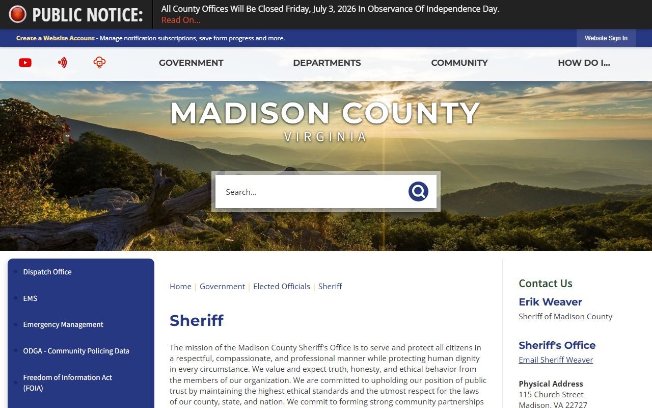Madison County Sheriff's Office contact page for law-enforcement records